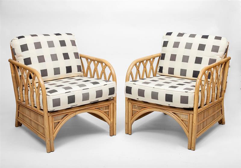 Appraisal: Pair of Bamboo and Upholstered Lounge Chairs x x in