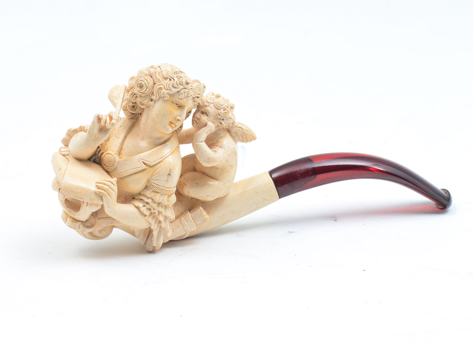 Appraisal: MEERSCHAUM PIPE WITH WOMAN AND ANGEL Sweet detailed carving of