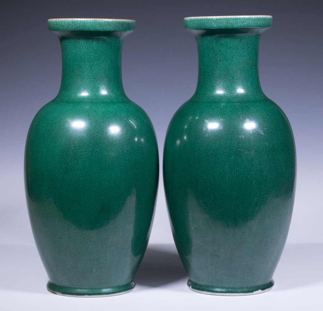 Appraisal: PR CHINESE GREEN GLAZED VASES Pair of Baluster Form Porcelain