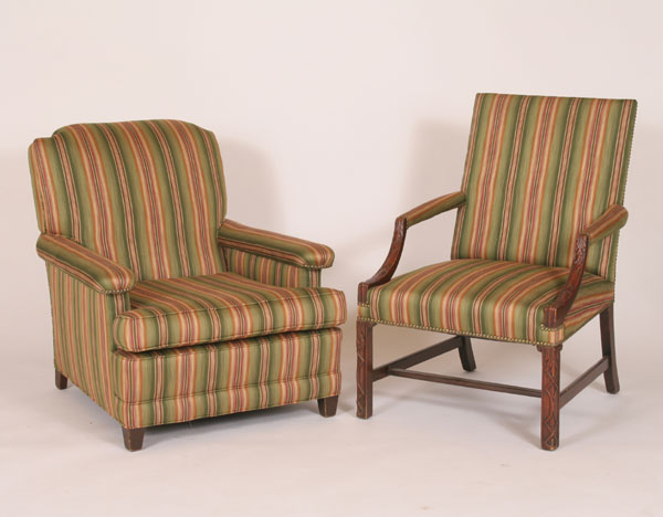 Appraisal: Pair upholstered arm chairs Chinese Chippendale style One with open