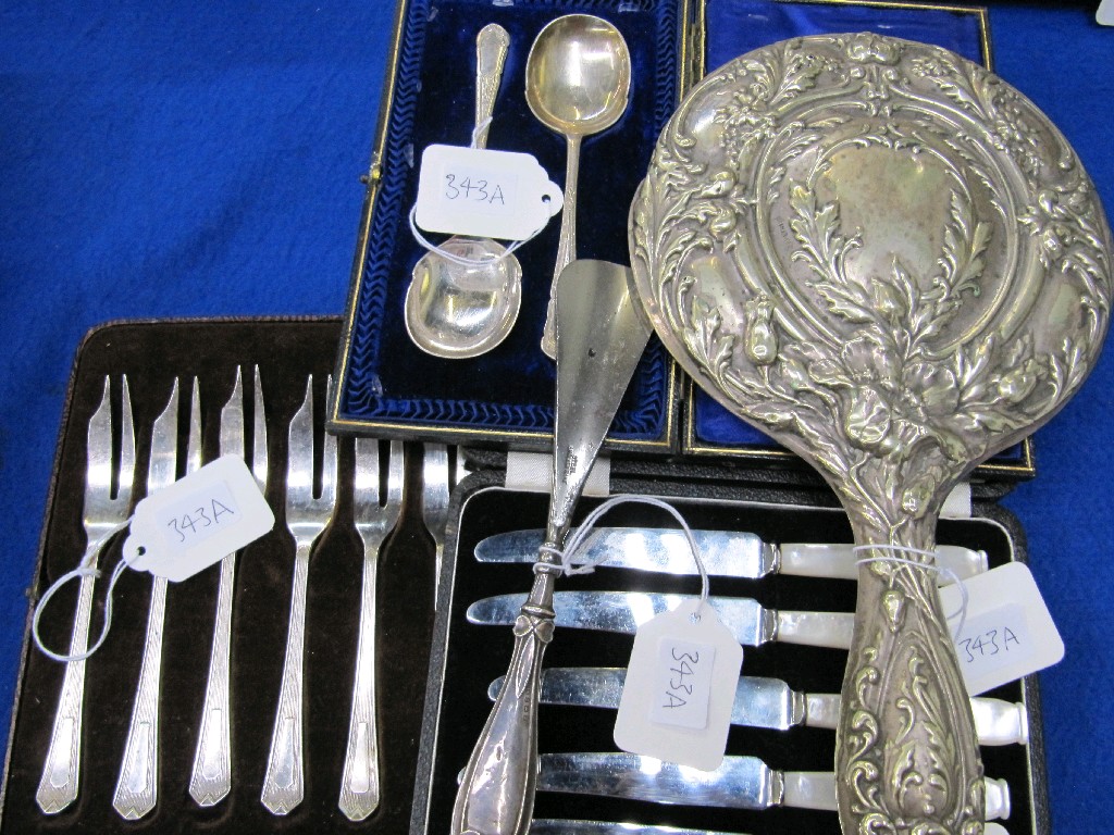 Appraisal: Lot comprising three cased cutlery sets mirror and a shoehorn