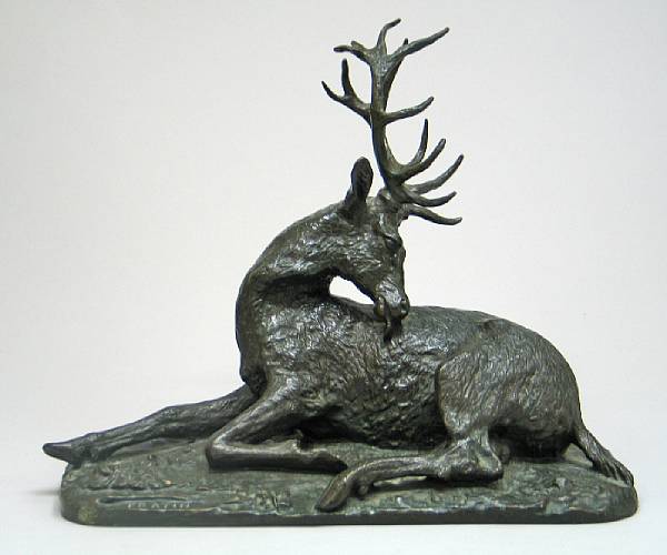 Appraisal: A French patinated bronze study of a recumbent stag after