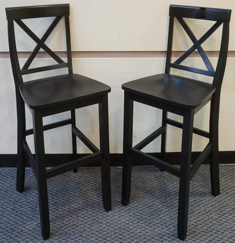 Appraisal: Pair of Black Painted Fruitwood Stools Seat Height in cm