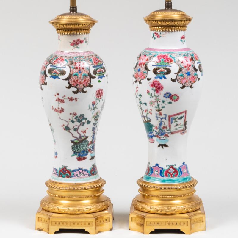 Appraisal: Pair of Chinese Export Famille Rose Porcelain Gilt-Metal-Mounted Baluster Vases