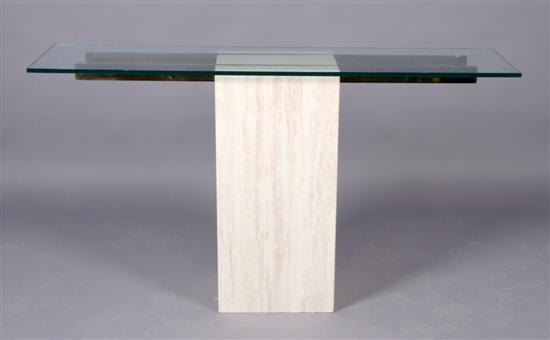 Appraisal: A Contemporary Glass Brass and Marble Console Table Height x