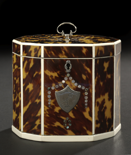 Appraisal: Good Georgian Silver-Mounted and Mother-of-Pearl-Inlaid Tortoiseshell and Ivory Octagonal Tea