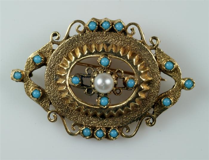 Appraisal: K YG pearl turquoise Etruscan pin dwt Estimate -