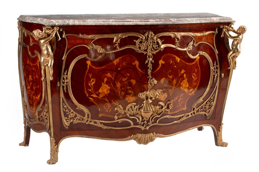 Appraisal: Large Louis XV-Style Bronze-Mounted Kingwood and Marquetry Bombe Commode molded