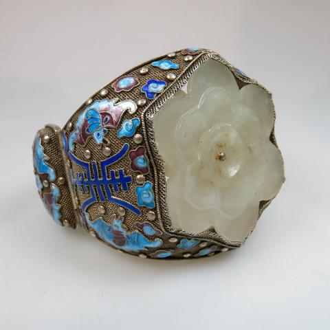 Appraisal: Chinese Silver Filigree Hinged Bangle set with a large jadeite