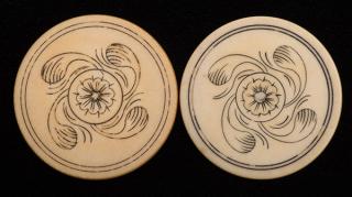 Appraisal: Two Wheel Inside Flower Design Ivory Poker Chips American ca