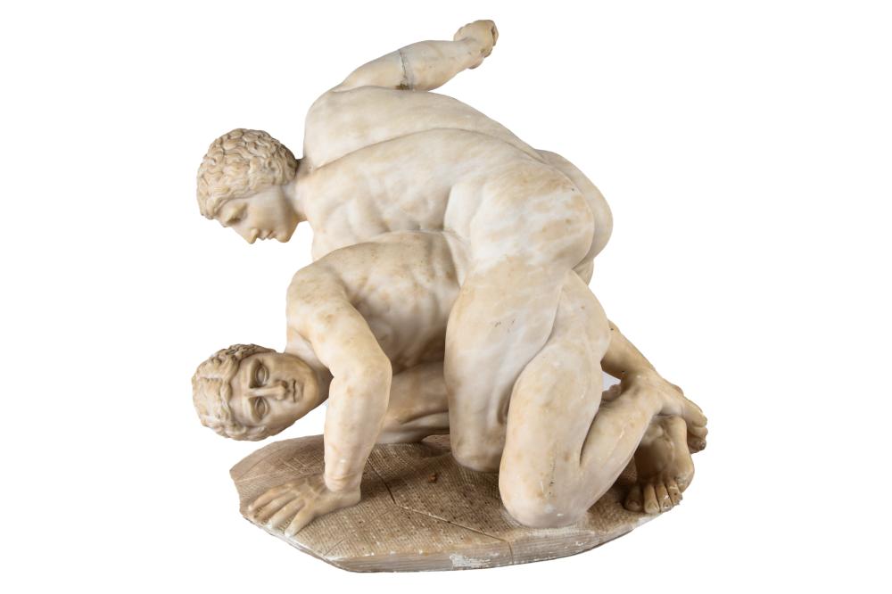 Appraisal: ITALIAN SCHOOL WRESTLERScarved alabaster incised signature to base Gino Cappolla