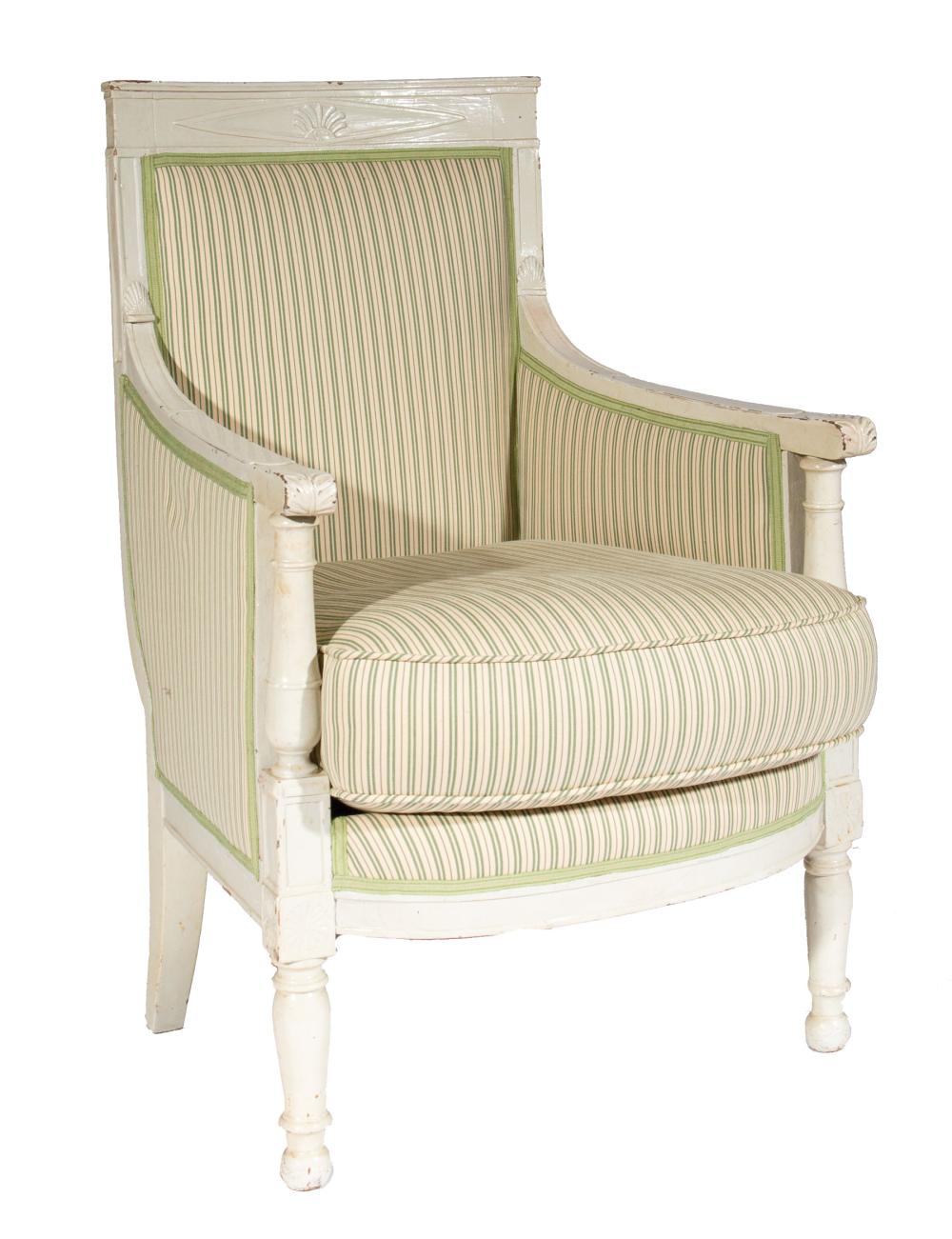 Appraisal: French Empire-Style Creme Peinte Bergere upholstered in Ian Mankin cotton