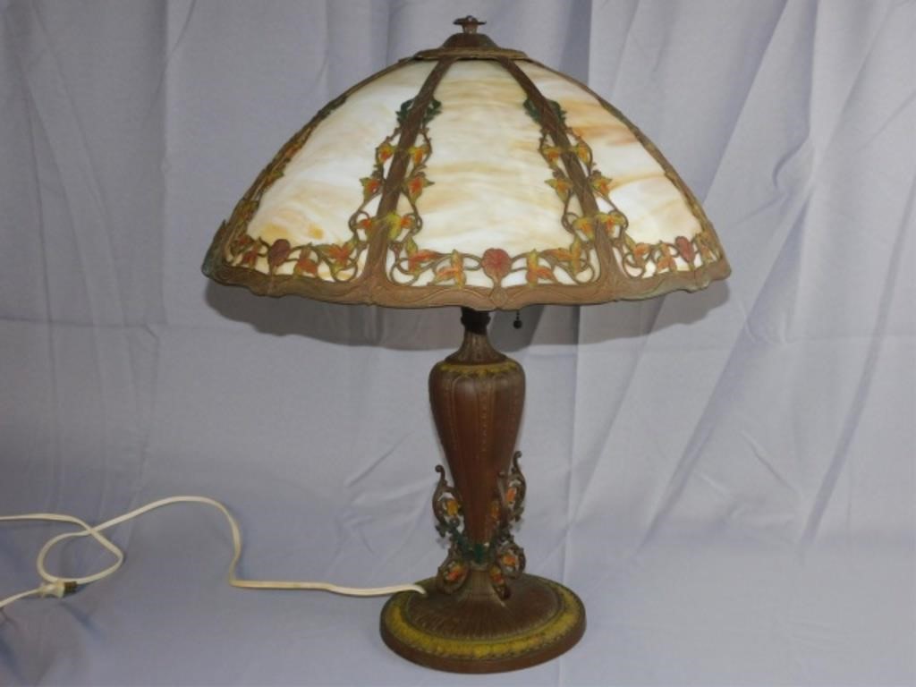 Appraisal: BENT CARAMEL SLAG GLASS PANEL LAMP SIGNEDRainaud ca high diameter