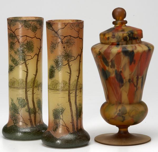 Appraisal: ART GLASS Three pieces pair of vases enamel-decorated with forest