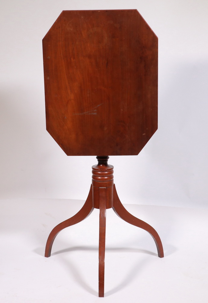 Appraisal: HEPPLEWHITE TOP CANDLESTAND Mahogany Tilt Top Candlestand ca coffin shaped