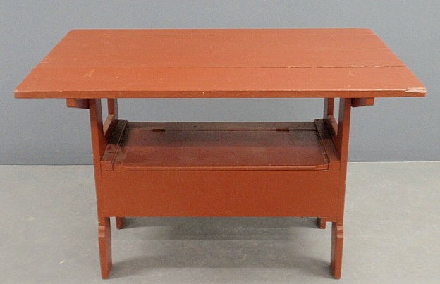 Appraisal: - Red painted bench table with a three-board top h