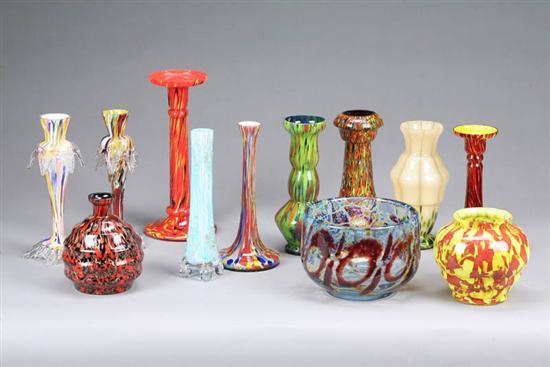 Appraisal: TWELVE PIECES OF GLASS End of day style Eleven vases