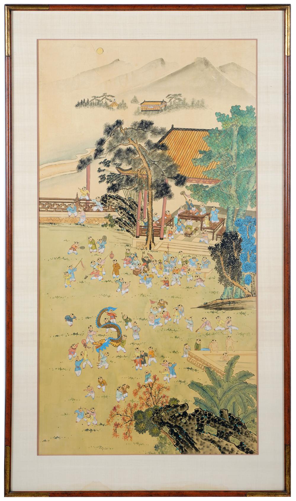 Appraisal: FRAMED CHINESE LANDSCAPE WITH CHILDRENpainted in colors on cloth mounted