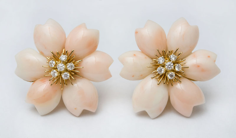 Appraisal: PAIR OF K GOLD CORAL AND DIAMOND FLOWER EARCLIPS Set