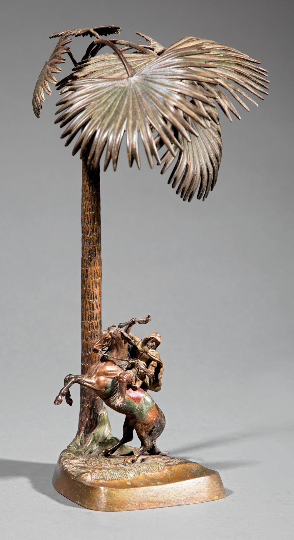 Appraisal: Austrian Cold-Painted Bronze Figural Lamp c palm tree fitted with