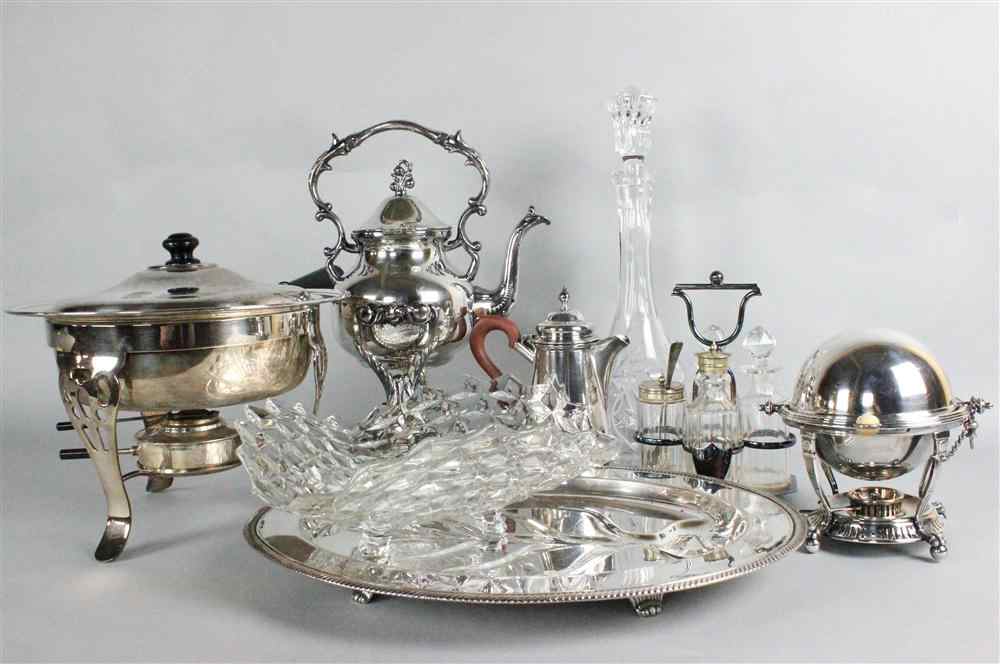 Appraisal: GROUP OF SILVER PLATED TABLEWARES including a hot water kettle