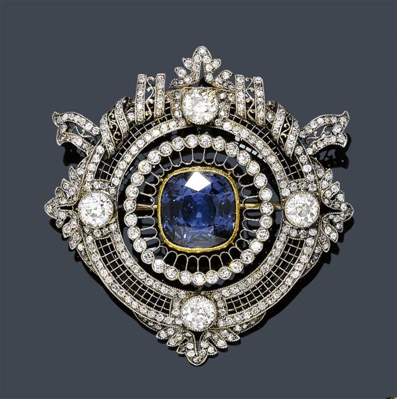 Appraisal: DIAMOND AND SPINEL BROOCH ca Silver and yellow gold Charming