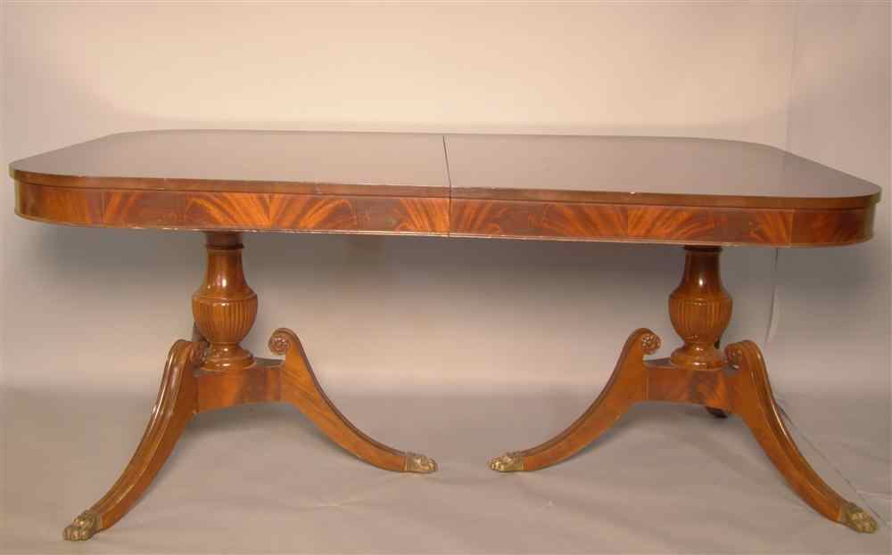 Appraisal: REGENCY STYLE MAHOGANY TWO PEDESTAL TABLE WITH TWO LEAVES Dimensions