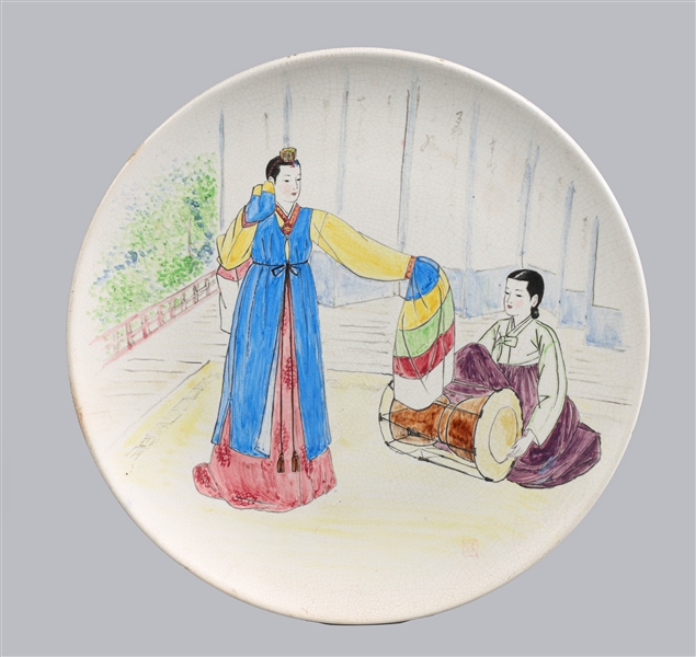 Appraisal: Mid century Korean Ironstone crackle glaze charger depicting ceremonial dance