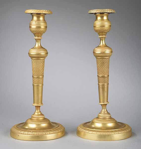 Appraisal: A Pair of Antique Charles X-Style Columnar Brass Candlesticks late