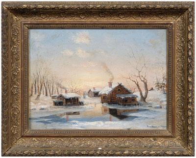 Appraisal: Painting signed quot C Lundgre quot winter landscape with cabins