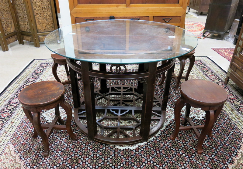 Appraisal: A ROUND GLASS-TOP DINING TABLE AND FOUR STOOLS Chinese th