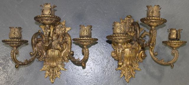 Appraisal: Quality Pair of Antique Gilt Bronze Sconces Nicely cast and