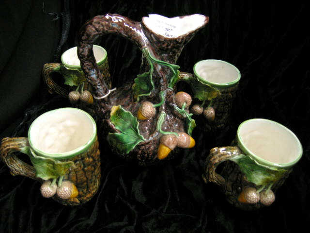 Appraisal: Majolica Pottery Pitcher with four tumblers acorn decor signed