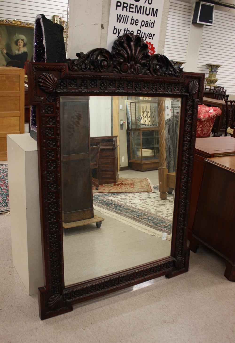 Appraisal: LARGE WALL MIRROR carved mahogany frame with shell crest H