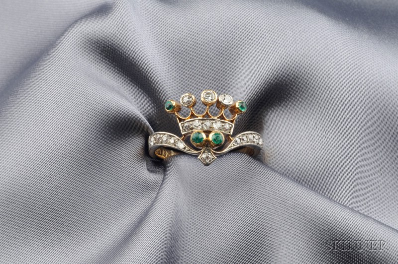 Appraisal: Antique Emerald and Diamond Crown Ring England bezel and bead-set