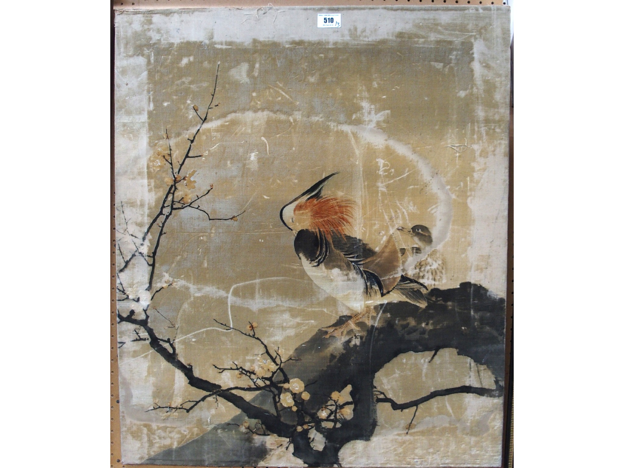 Appraisal: ORIENTAL SCHOOL Birds on a tree print on material ERIC