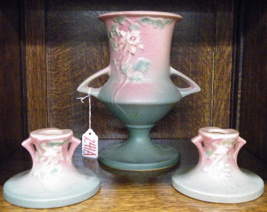 Appraisal: THREE AMERICAN ROSEVILLE ART POTTERY PIECES in the Columbine pattern