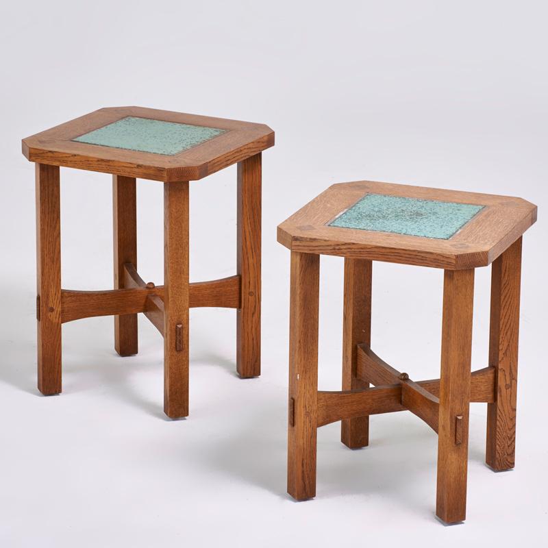 Appraisal: STICKLEY BY E J AUDI Contemporary pair tile-top clip-corner sidetables