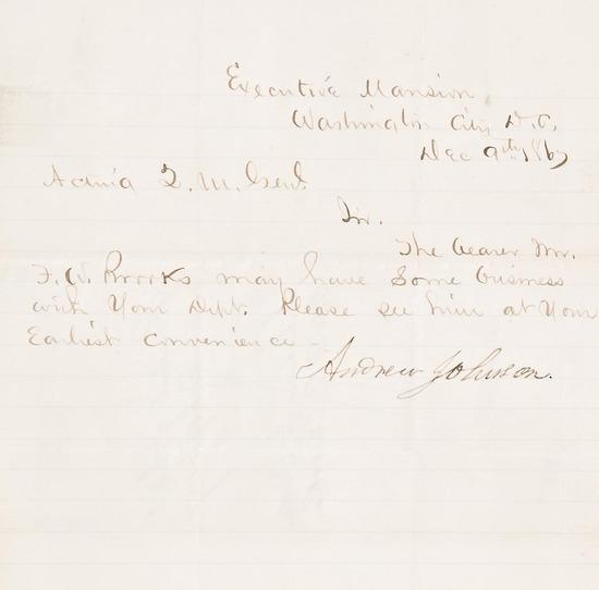 Appraisal: JOHNSON Andrew Letter signed as President to the acting Quartermaster