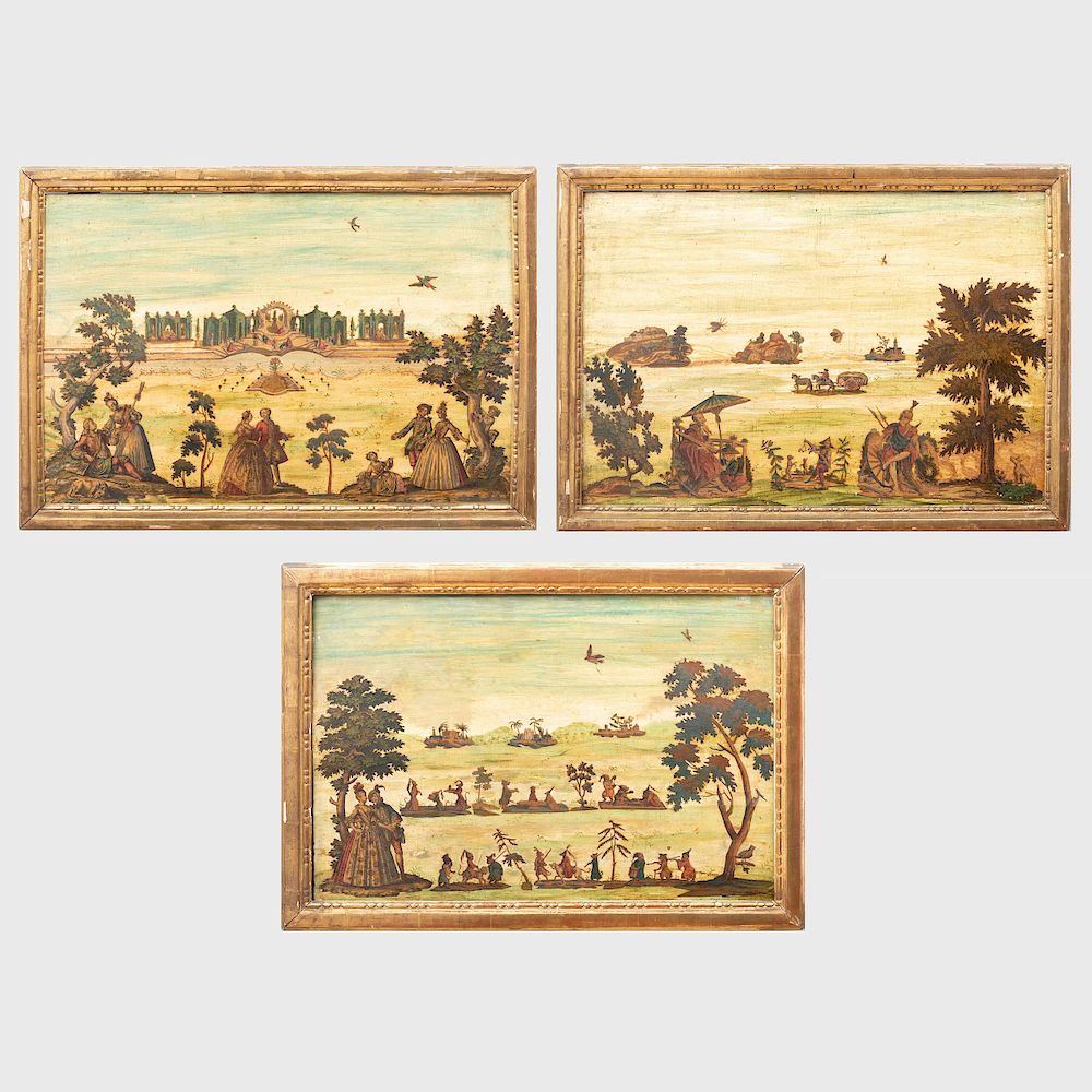 Appraisal: Set of Three Italian Painted Lacca Povera Panels Depicting figures