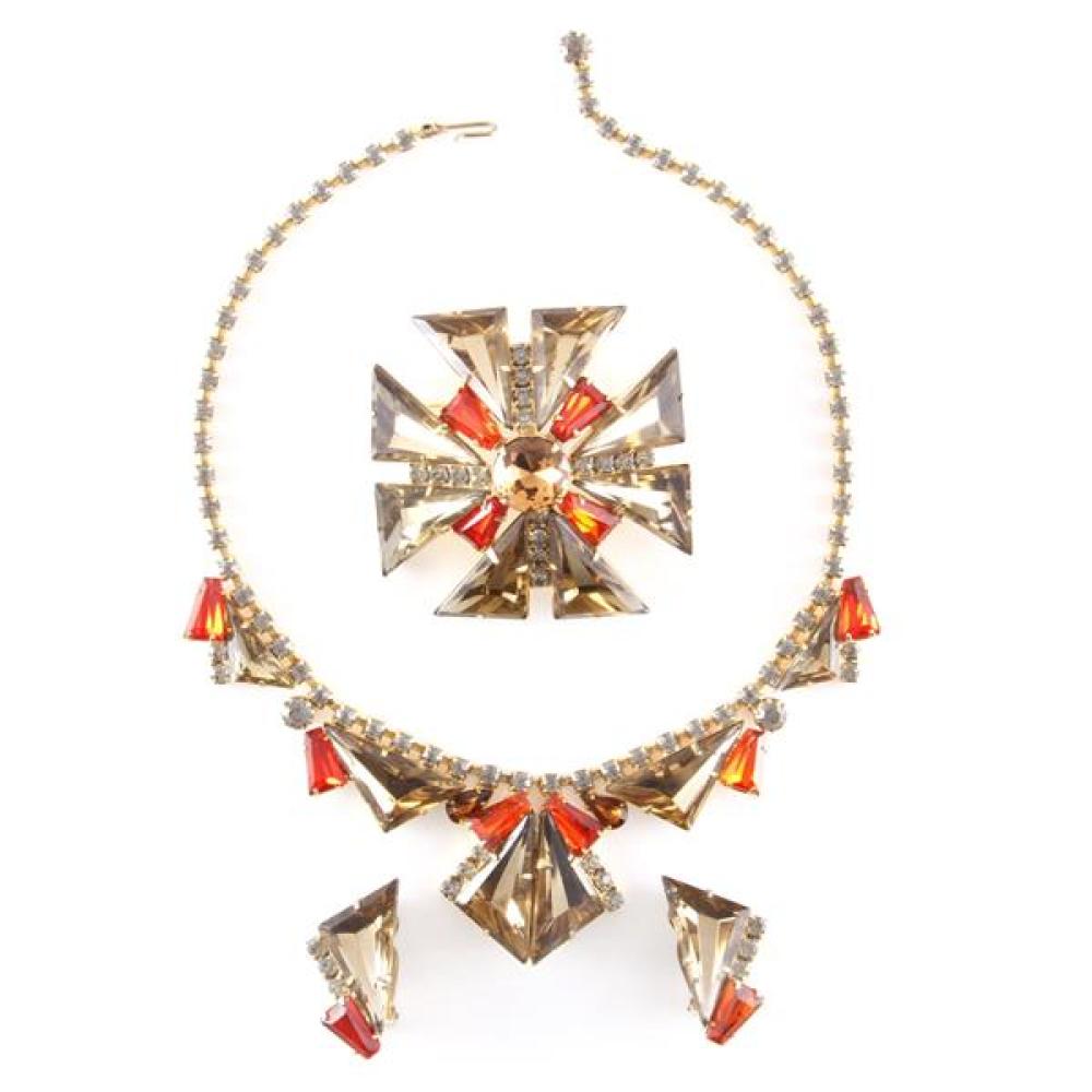 Appraisal: UNSIGNED JULIANA AMBER ORANGE TRIANGULAR PC PARURE WITH SMOKE DIAMANTES