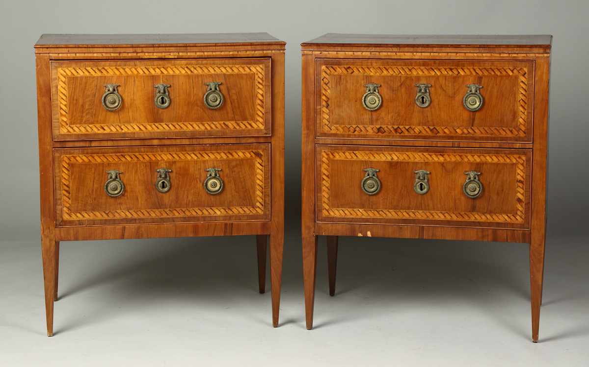 Appraisal: Pair of th Cent Commodes Inlaid fruitwood walnut on tops