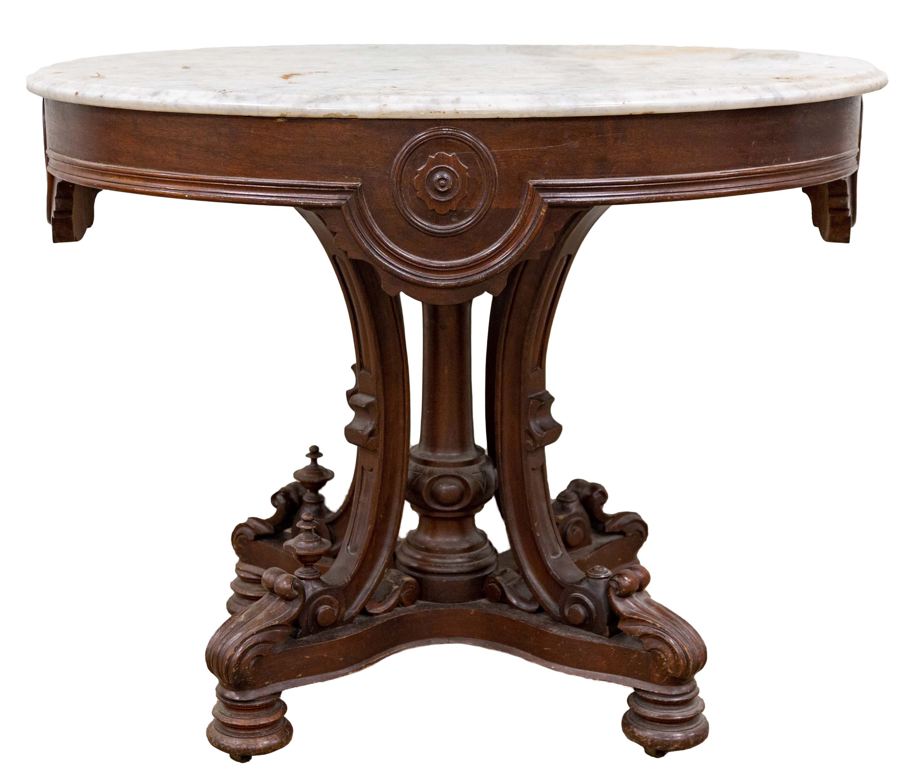 Appraisal: ATTRIBUTED TO THOMAS BROOKS VICTORIAN CARVED WALNUT OVAL MARBLE TOP