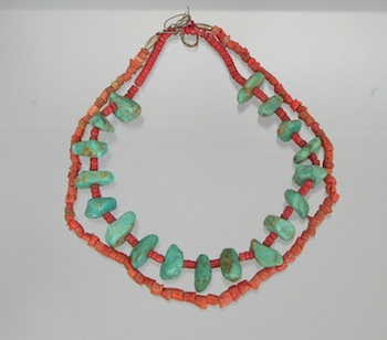 Appraisal: A Strand of Coral and Turquoise Beads and Coral Necklace