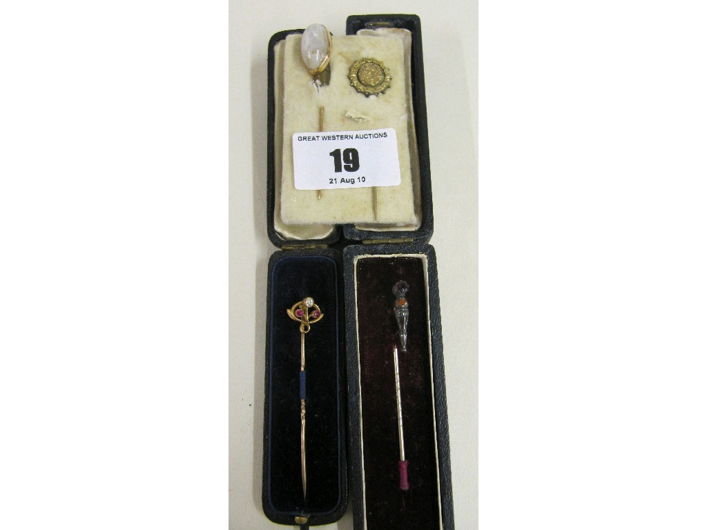 Appraisal: Lot comprising gold stick pin with ruby and diamond set