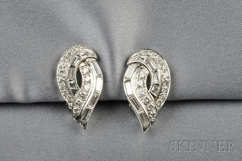 Appraisal: Platinum and Diamond Earclips each set with baguette- and full-cut