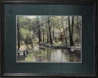 Appraisal: Good Japanese silk needlework on silk ground rural canal scene