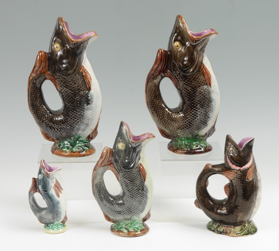 Appraisal: MAJOLICA FISH FORM PITCHERS An assembled collection of total the