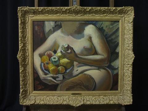 Appraisal: ROBERT HALLOWELL AMERICAN - NUDE WITH FRUIT Oil on panel