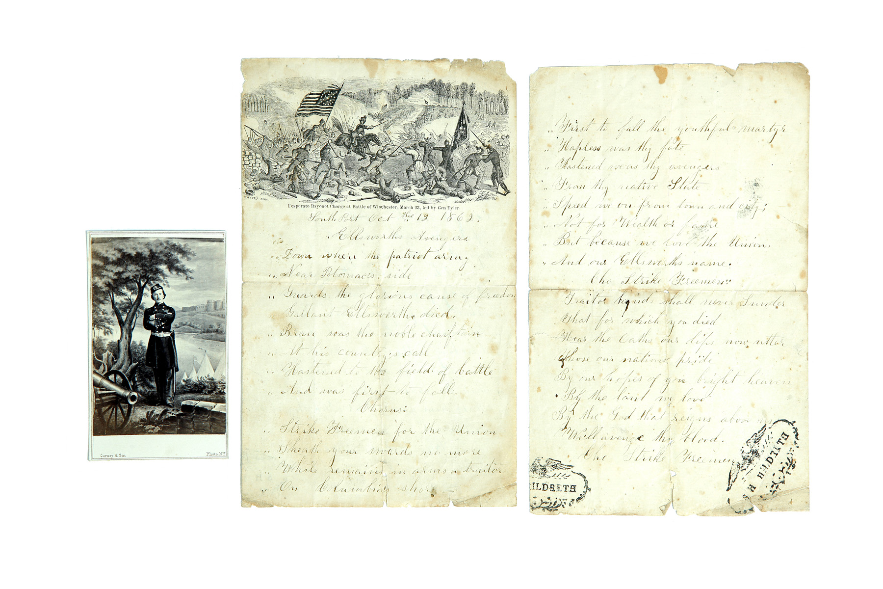 Appraisal: HANDWRITTEN LYRICS TO ELLSWORTH'S AVENGERS AND A CDV OF ELMER